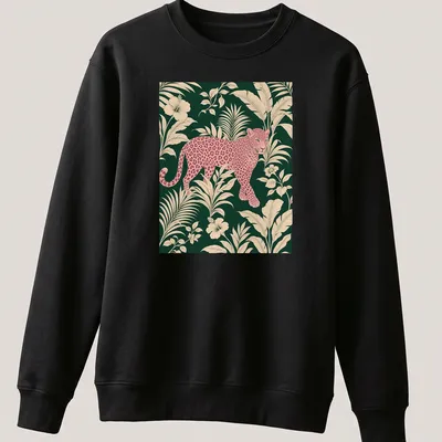Pink leopard design surrounded by tropical leaves in vibrant colors. — printed on a unisex sweatshirt