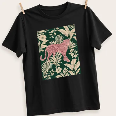 Pink leopard design surrounded by tropical leaves in vibrant colors.