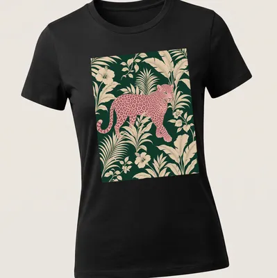 Pink leopard design surrounded by tropical leaves in vibrant colors. — printed on a women's shirt