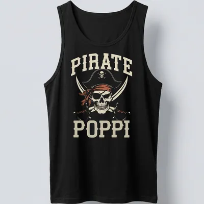 Vintage Pirate Poppi t-shirt featuring a skull and cross swords graphic — printed on a tank top