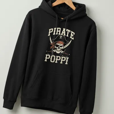 Vintage Pirate Poppi t-shirt featuring a skull and cross swords graphic — printed on a unisex hoodie