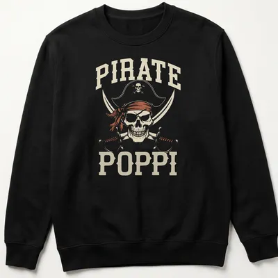 Vintage Pirate Poppi t-shirt featuring a skull and cross swords graphic — printed on a unisex sweatshirt