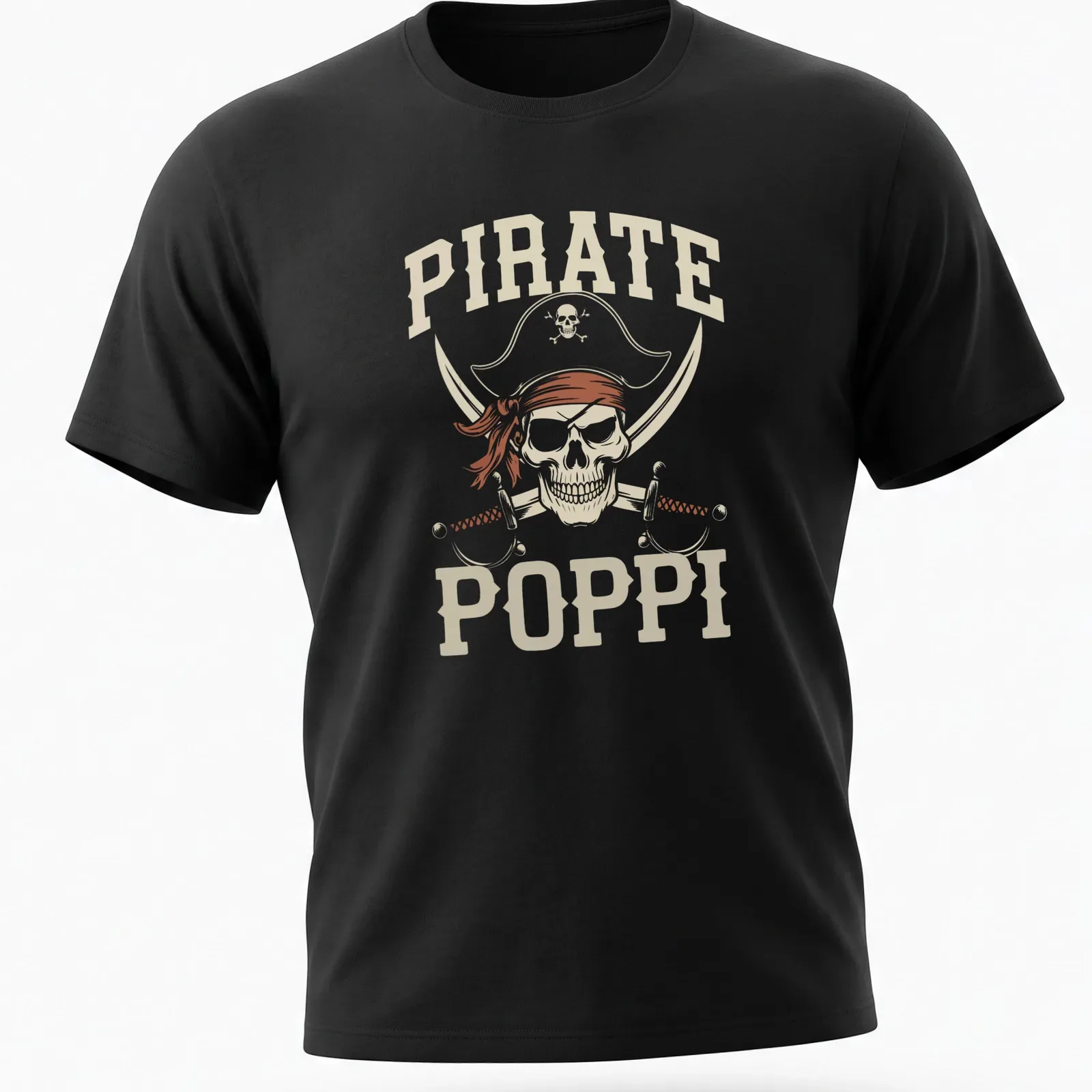 Vintage Pirate Poppi t-shirt featuring a skull and cross swords graphic — printed on a unisex t-shirt