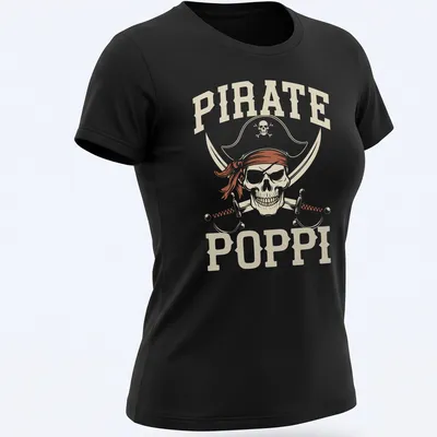 Vintage Pirate Poppi t-shirt featuring a skull and cross swords graphic — printed on a women's shirt