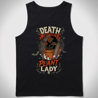 Vintage Halloween tee with a carnivorous plant and playful text about plant ladies. — printed on a tank top
