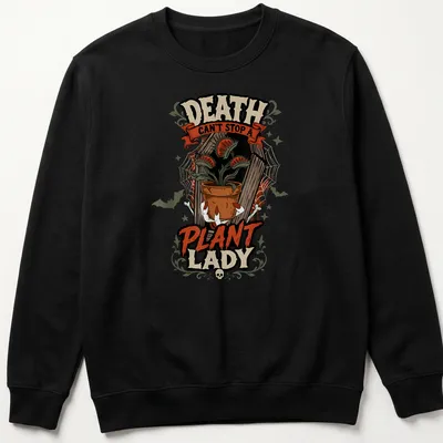 Vintage Halloween tee with a carnivorous plant and playful text about plant ladies. — printed on a unisex sweatshirt