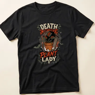 Vintage Halloween tee with a carnivorous plant and playful text about plant ladies.