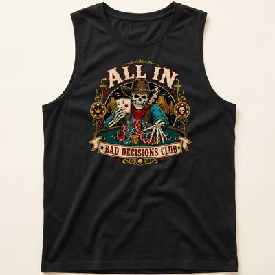 Vintage western shirt featuring a poker cowboy skeleton with colorful text — printed on a tank top
