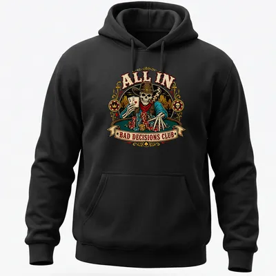 Vintage western shirt featuring a poker cowboy skeleton with colorful text — printed on a unisex hoodie
