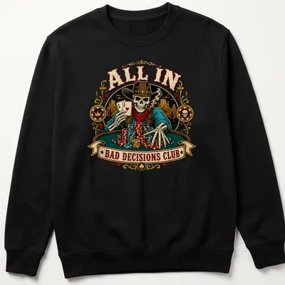 Vintage western shirt featuring a poker cowboy skeleton with colorful text — printed on a unisex sweatshirt
