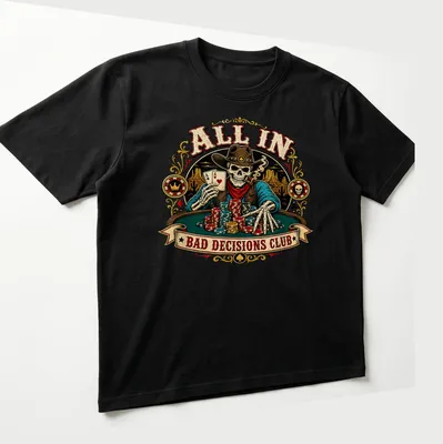 Vintage western shirt featuring a poker cowboy skeleton with colorful text — printed on a unisex t-shirt (angled view)