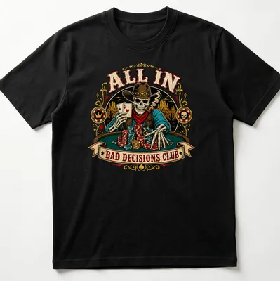 Vintage western shirt featuring a poker cowboy skeleton with colorful text