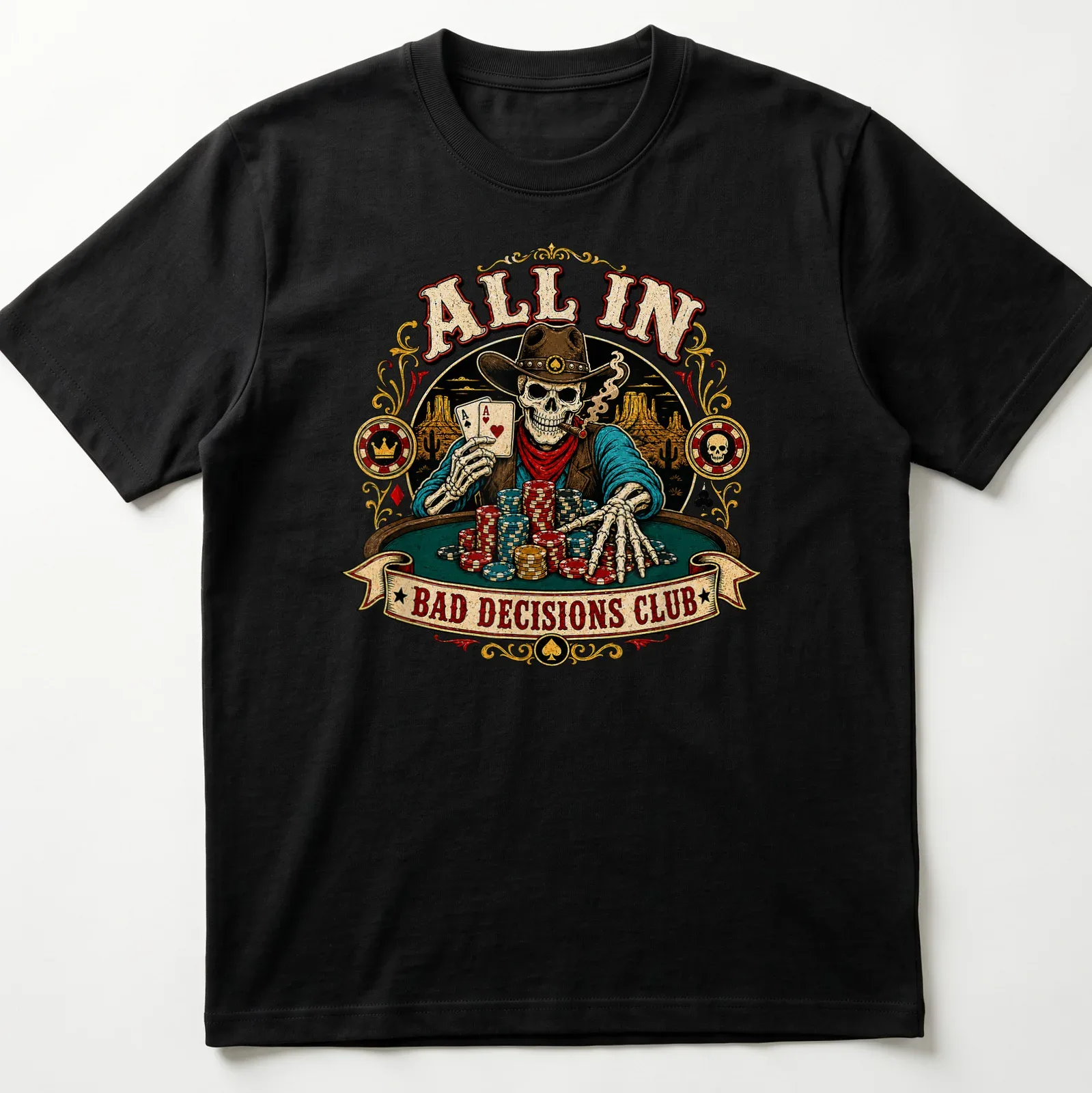 Vintage western shirt featuring a poker cowboy skeleton with colorful text — printed on a unisex t-shirt