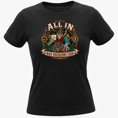 Vintage western shirt featuring a poker cowboy skeleton with colorful text — printed on a women's shirt