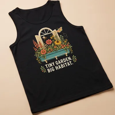 Vintage floral T-shirt featuring the text 'TINY GARDEN. BIG HABITAT.' with colorful flowers — printed on a tank top