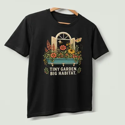 Vintage floral T-shirt featuring the text 'TINY GARDEN. BIG HABITAT.' with colorful flowers — printed on a unisex t-shirt (angled view)