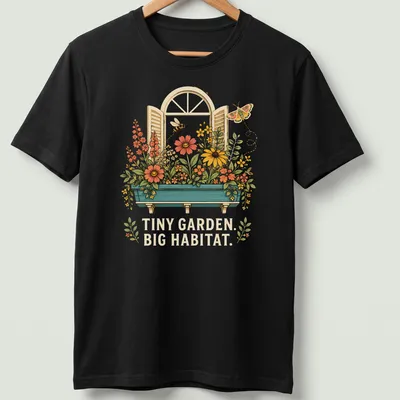 Vintage floral T-shirt featuring the text 'TINY GARDEN. BIG HABITAT.' with colorful flowers — printed on a unisex t-shirt