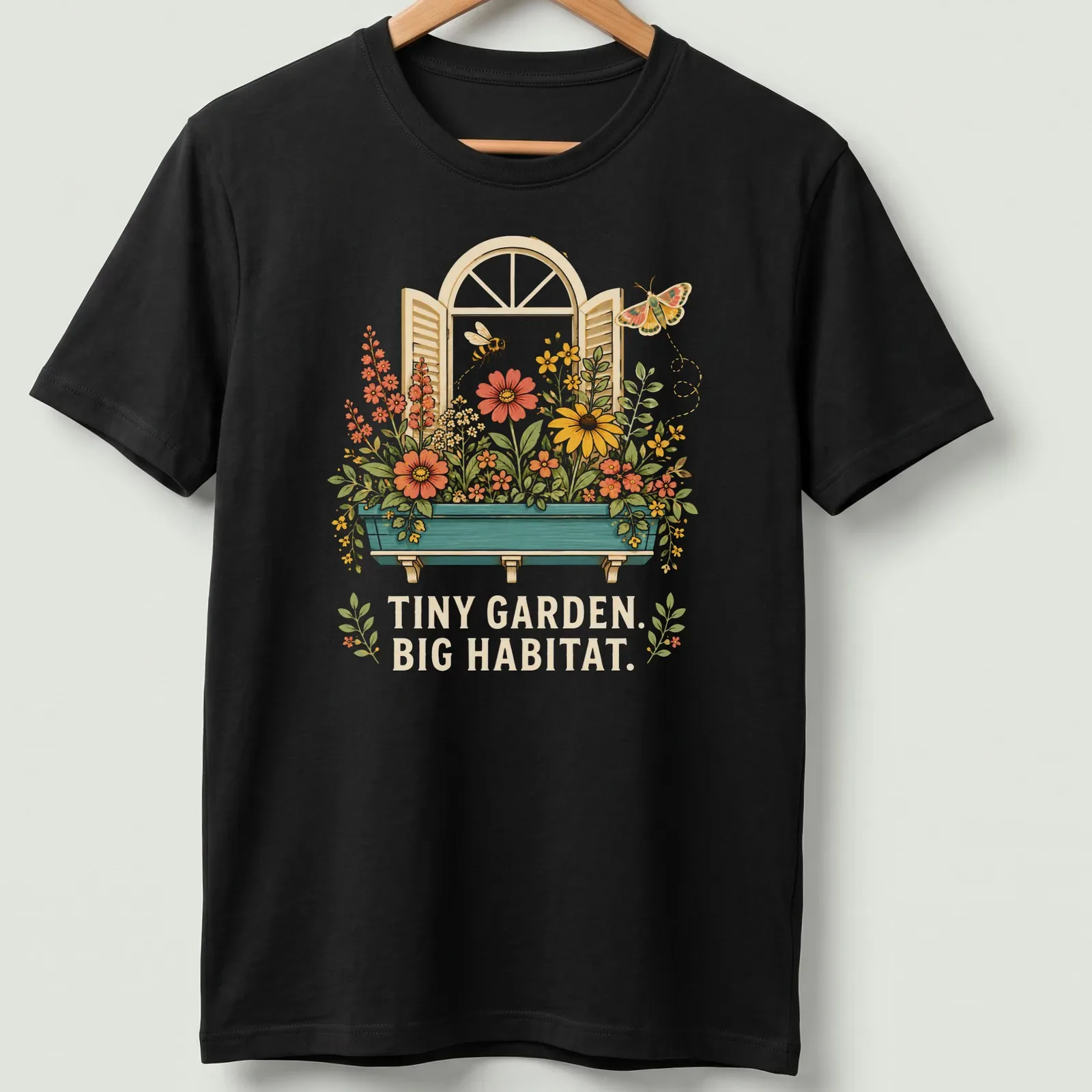 Vintage floral T-shirt featuring the text 'TINY GARDEN. BIG HABITAT.' with colorful flowers — printed on a unisex t-shirt