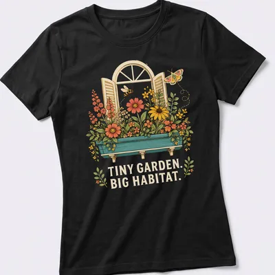 Vintage floral T-shirt featuring the text 'TINY GARDEN. BIG HABITAT.' with colorful flowers — printed on a women's shirt