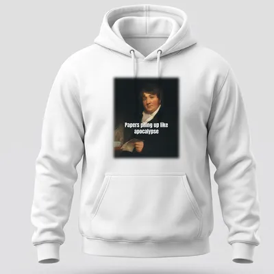 Classic portrait of a man overwhelmed by paperwork with humorous caption — printed on a unisex hoodie