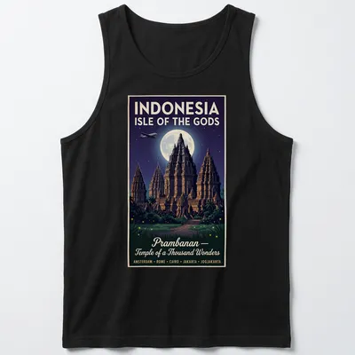 Vintage poster graphic featuring the Prambanan Temple and travel destinations — printed on a tank top