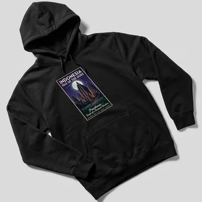 Vintage poster graphic featuring the Prambanan Temple and travel destinations — printed on a unisex hoodie
