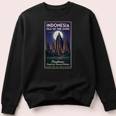 Vintage poster graphic featuring the Prambanan Temple and travel destinations — printed on a unisex sweatshirt