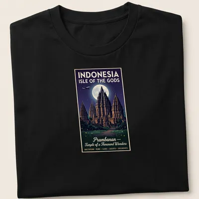 Vintage poster graphic featuring the Prambanan Temple and travel destinations