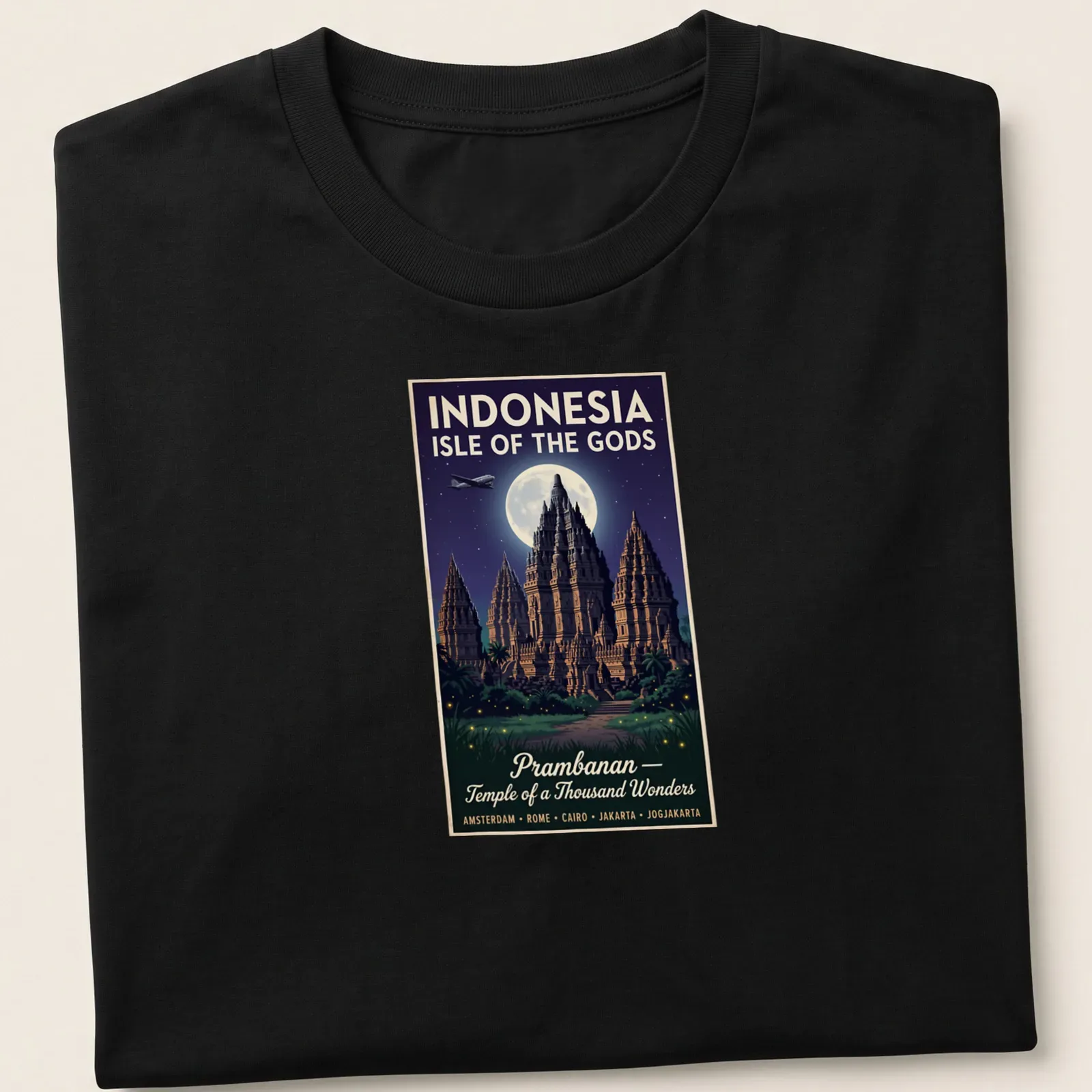 Vintage poster graphic featuring the Prambanan Temple and travel destinations — printed on a unisex t-shirt