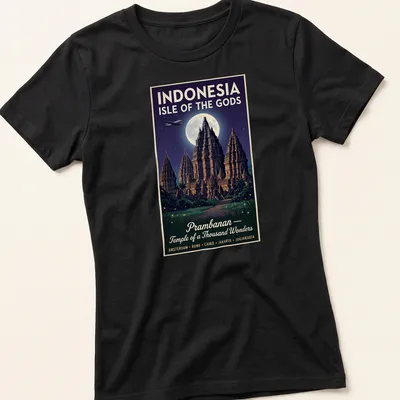 Vintage poster graphic featuring the Prambanan Temple and travel destinations — printed on a women's shirt