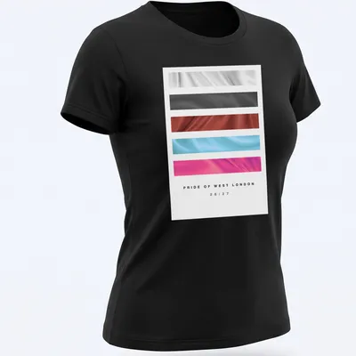 Illustrative football kit t-shirt featuring abstract wave design and printed text — printed on a women's shirt