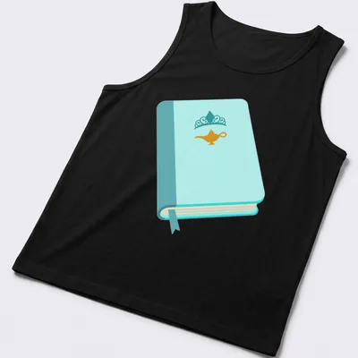 Illustration of a princess book with a genie lamp in light blue and gold. — printed on a tank top