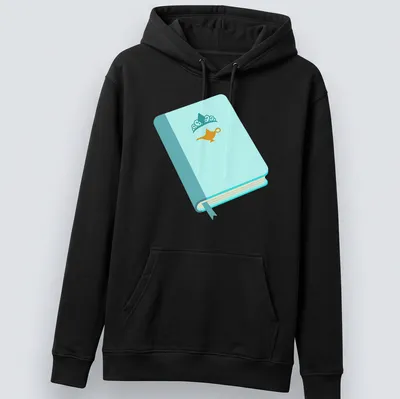 Illustration of a princess book with a genie lamp in light blue and gold. — printed on a unisex hoodie