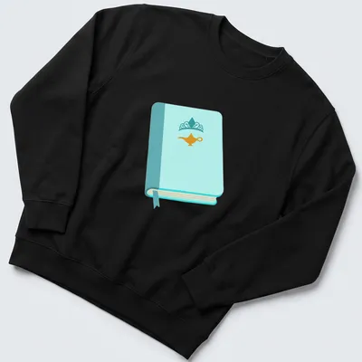Illustration of a princess book with a genie lamp in light blue and gold. — printed on a unisex sweatshirt
