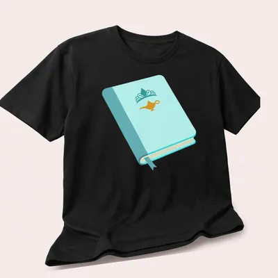 Illustration of a princess book with a genie lamp in light blue and gold. — printed on a unisex t-shirt (angled view)
