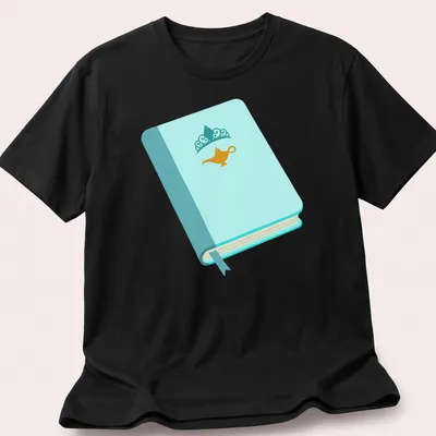 Illustration of a princess book with a genie lamp in light blue and gold.