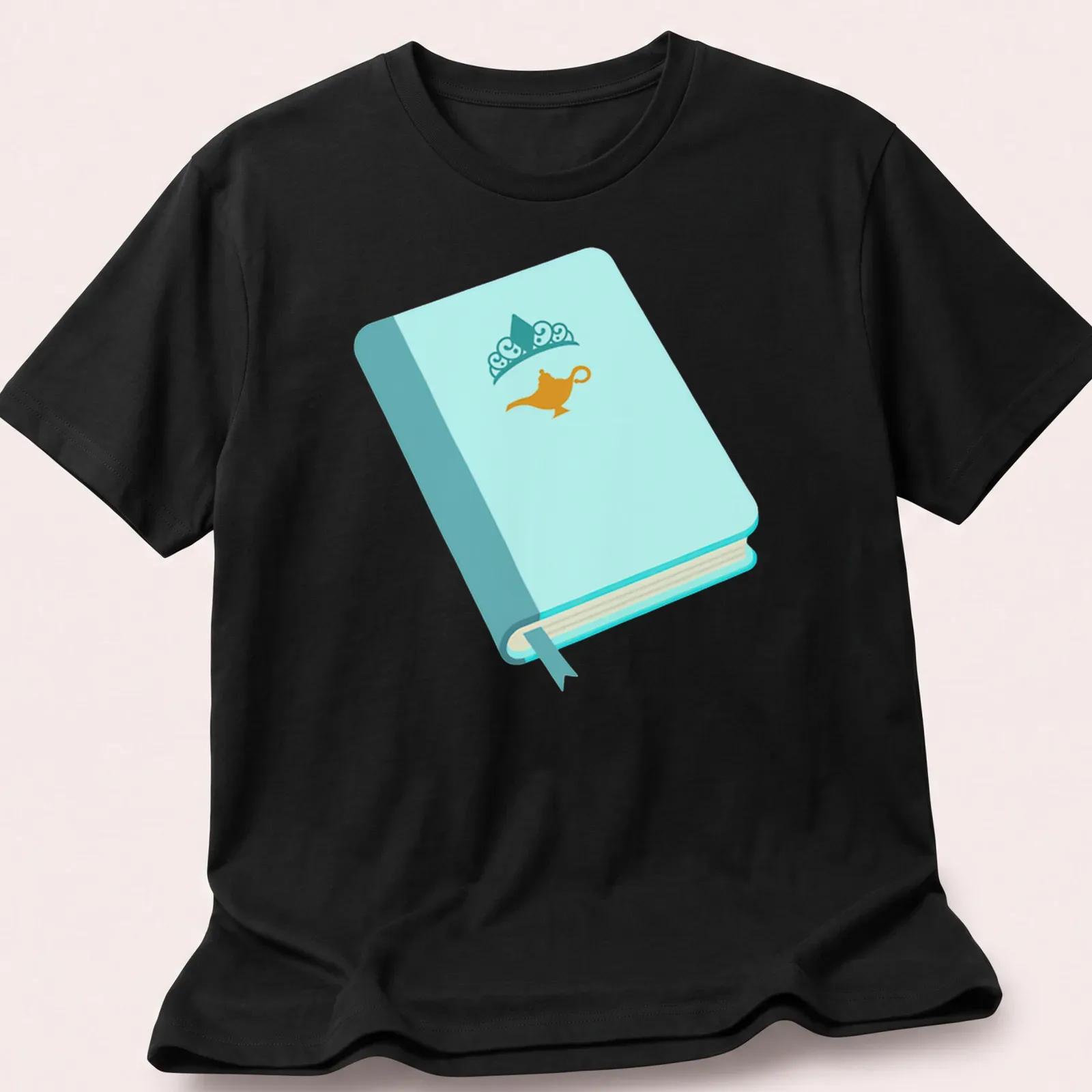 Illustration of a princess book with a genie lamp in light blue and gold. — printed on a unisex t-shirt