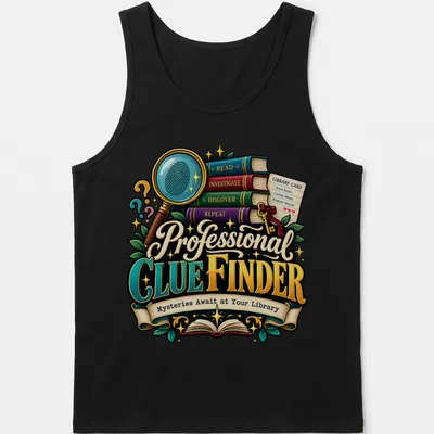 Colorful cartoon design of a magnifying glass and stacked books with text. — printed on a tank top