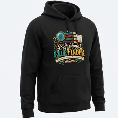 Colorful cartoon design of a magnifying glass and stacked books with text. — printed on a unisex hoodie