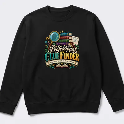 Colorful cartoon design of a magnifying glass and stacked books with text. — printed on a unisex sweatshirt