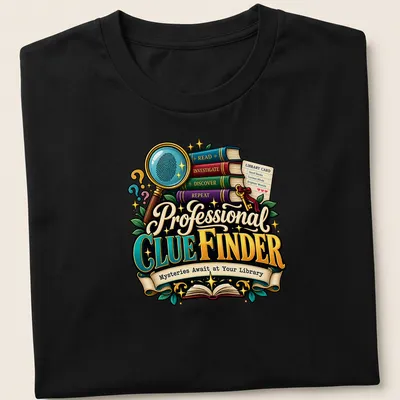 Colorful cartoon design of a magnifying glass and stacked books with text. — printed on a unisex t-shirt