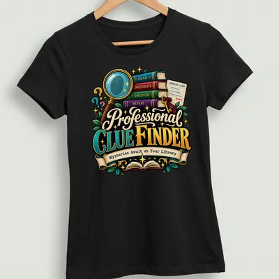 Colorful cartoon design of a magnifying glass and stacked books with text. — printed on a women's shirt