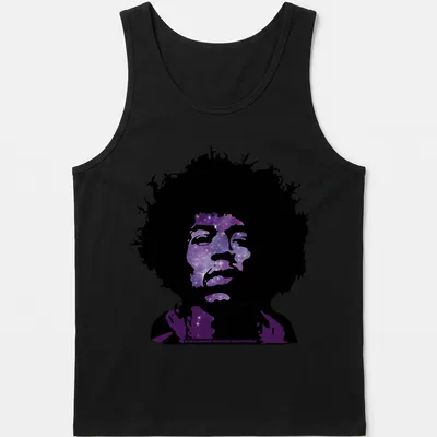 Psychedelic silhouette of a musical icon with galaxy pattern in purple and black — printed on a tank top