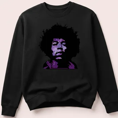 Psychedelic silhouette of a musical icon with galaxy pattern in purple and black — printed on a unisex sweatshirt
