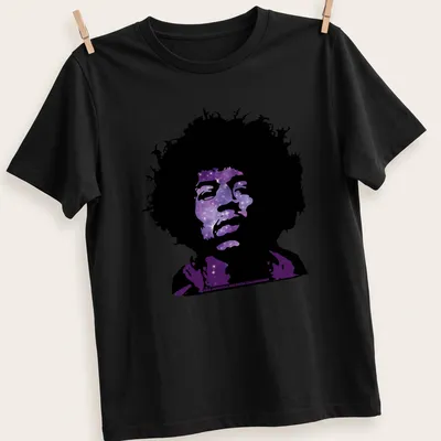 Psychedelic silhouette of a musical icon with galaxy pattern in purple and black