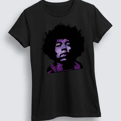 Psychedelic silhouette of a musical icon with galaxy pattern in purple and black — printed on a women's shirt