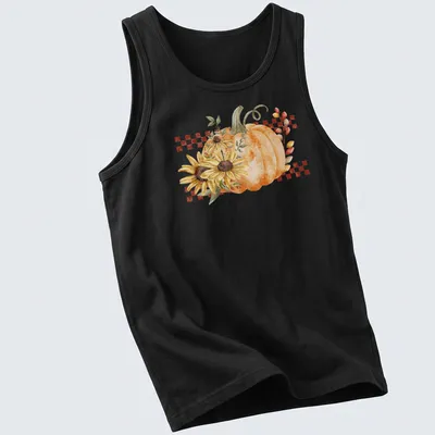 Boho style graphic of a pumpkin and sunflowers in warm autumn colors — printed on a tank top