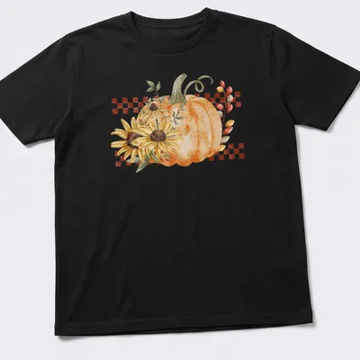 Boho style graphic of a pumpkin and sunflowers in warm autumn colors