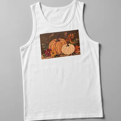 Oil painting of pumpkins and flowers in a warm autumn color palette — printed on a tank top