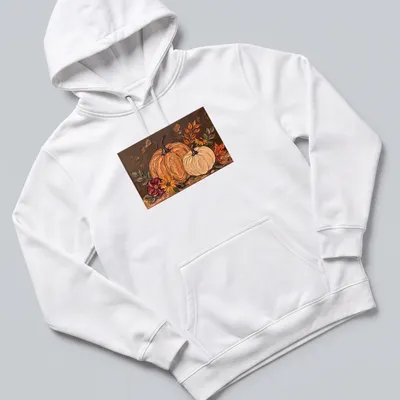 Oil painting of pumpkins and flowers in a warm autumn color palette — printed on a unisex hoodie